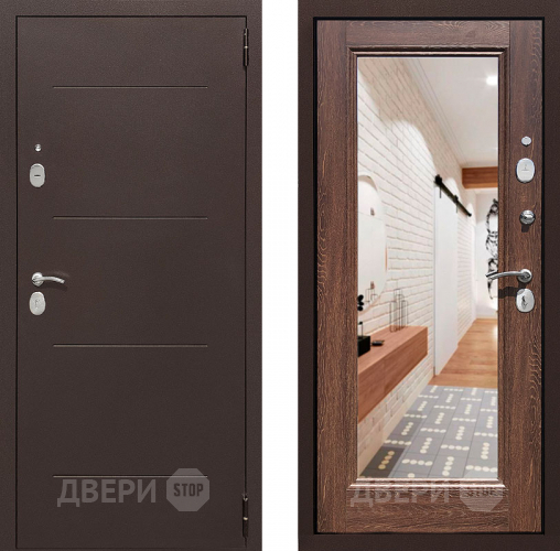Входная металлическая Дверь Престиж 100 с зеркалом Медь/Дуб филадельфия коньяк